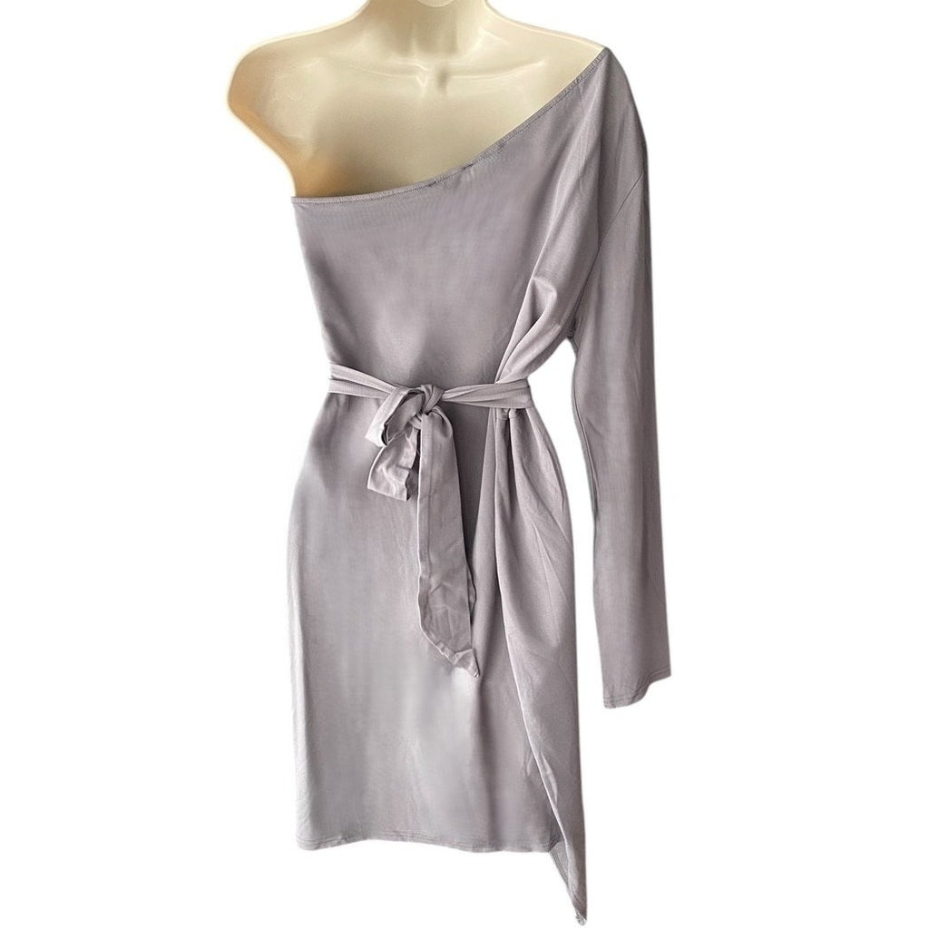 NWT ~ PRETTY GARDEN Gray 1 Shoulder Wrap Style Long Sleeve Dress ~ Women's XL