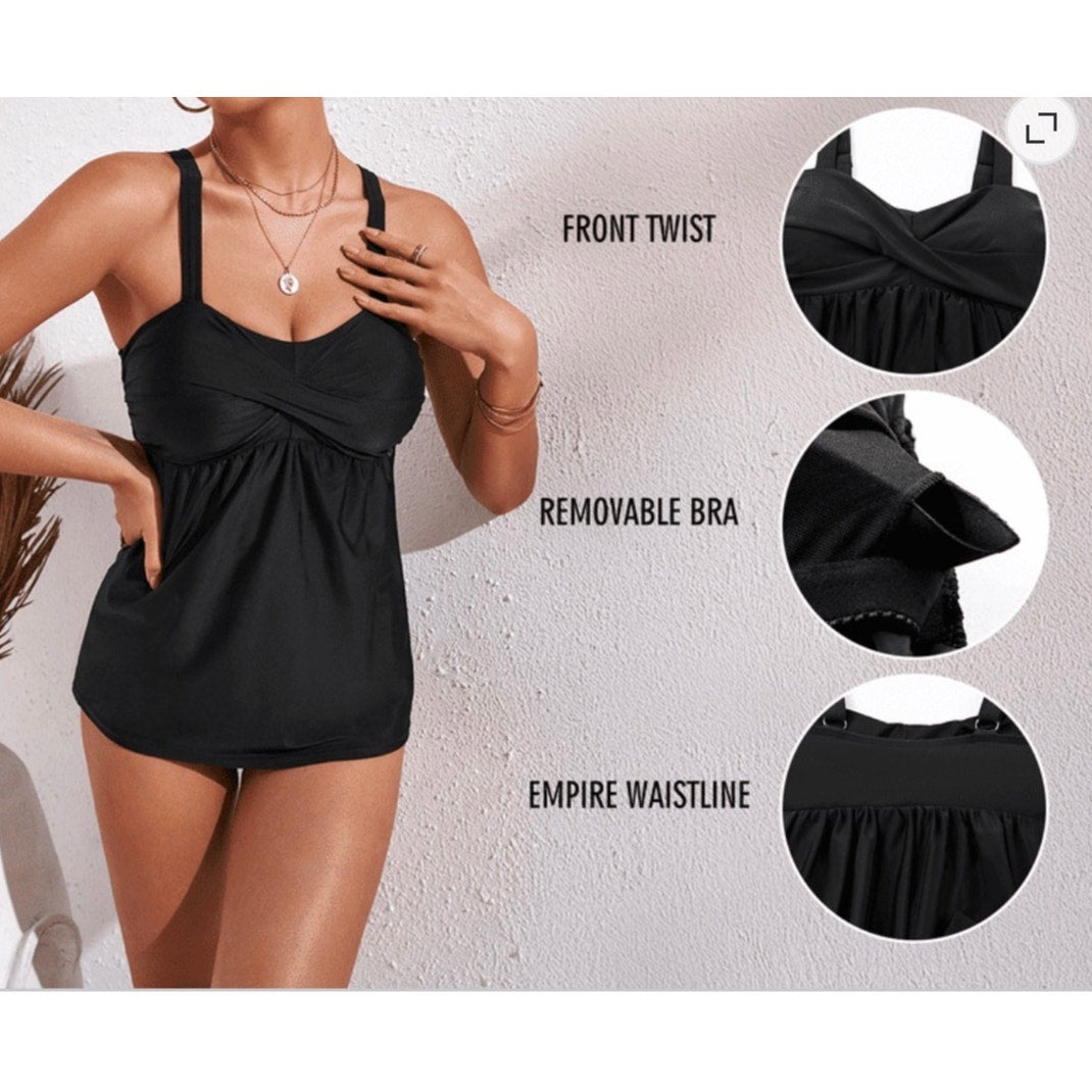 NWT ~ Women's Black 2pc Tankini Swimsuit Summer Bathing Suit ~ Size LARGE