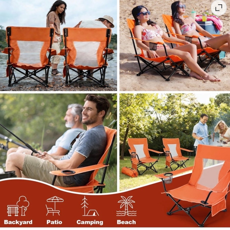 BRAND NEW ~ Orange Folding Low Seat High Back Wide Seat Beach Camping Chair