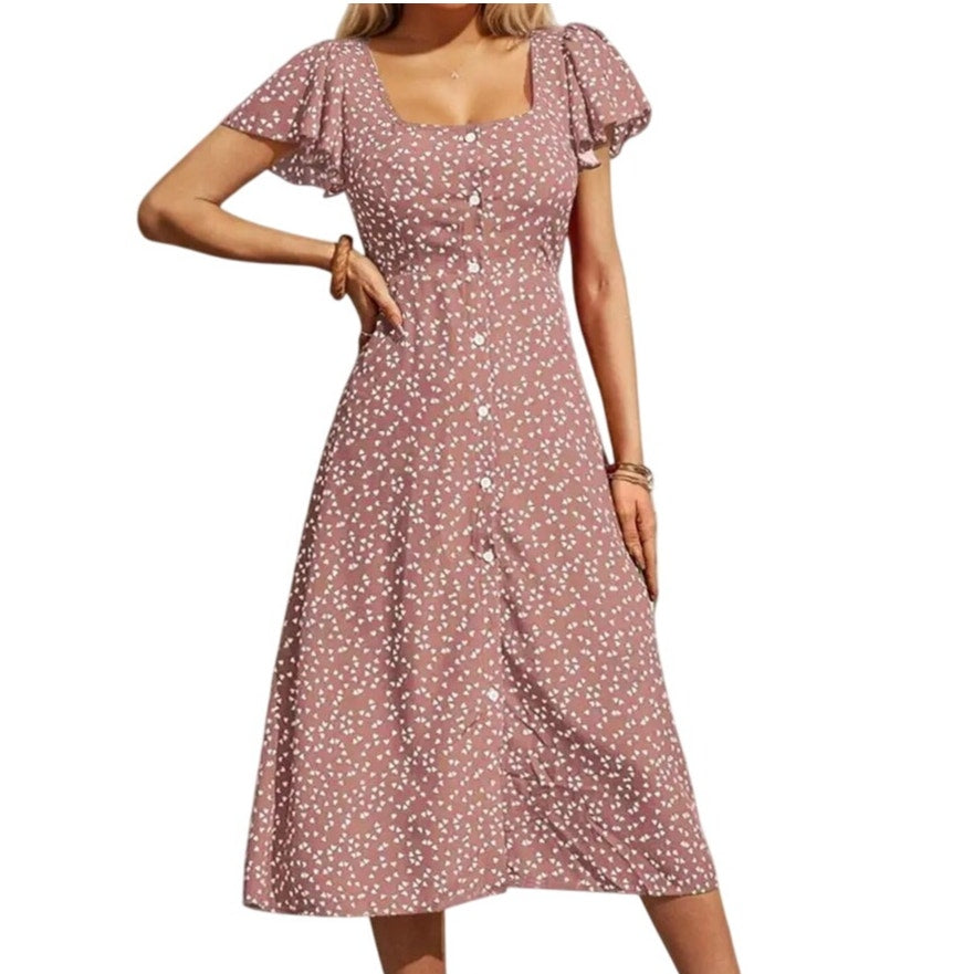 NWT ~ Rose Pink A-Line Midi Dress Button Front Short Flutter Sleeves ~ LARGE