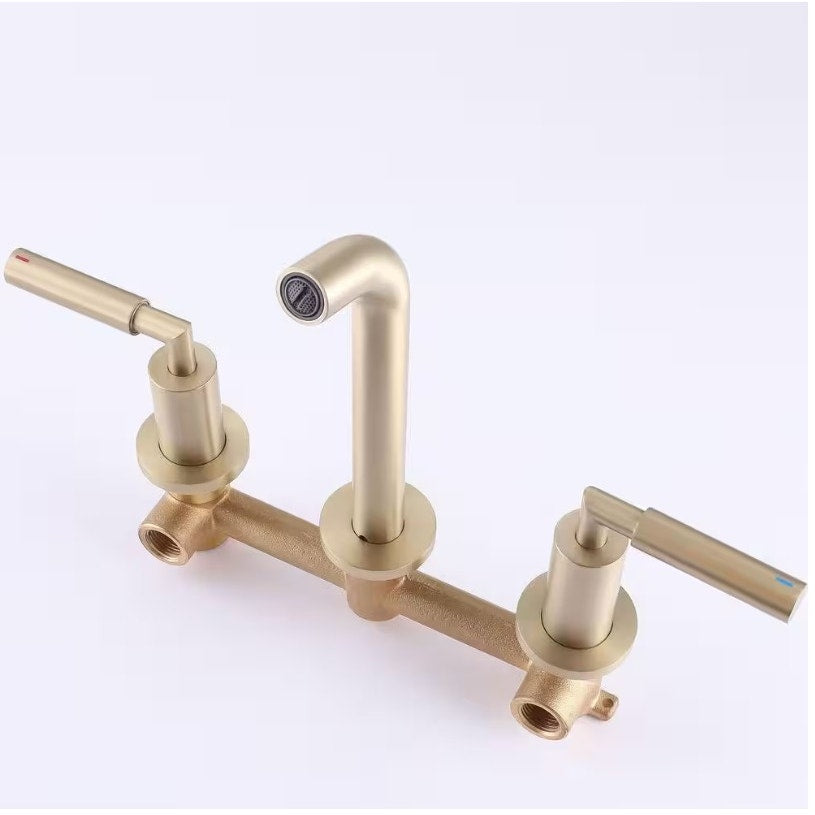BRAND NEW ~ Brushed Gold Double Handle Wall Mounted Bathroom Faucet Modern 3-Hole Brass Taps