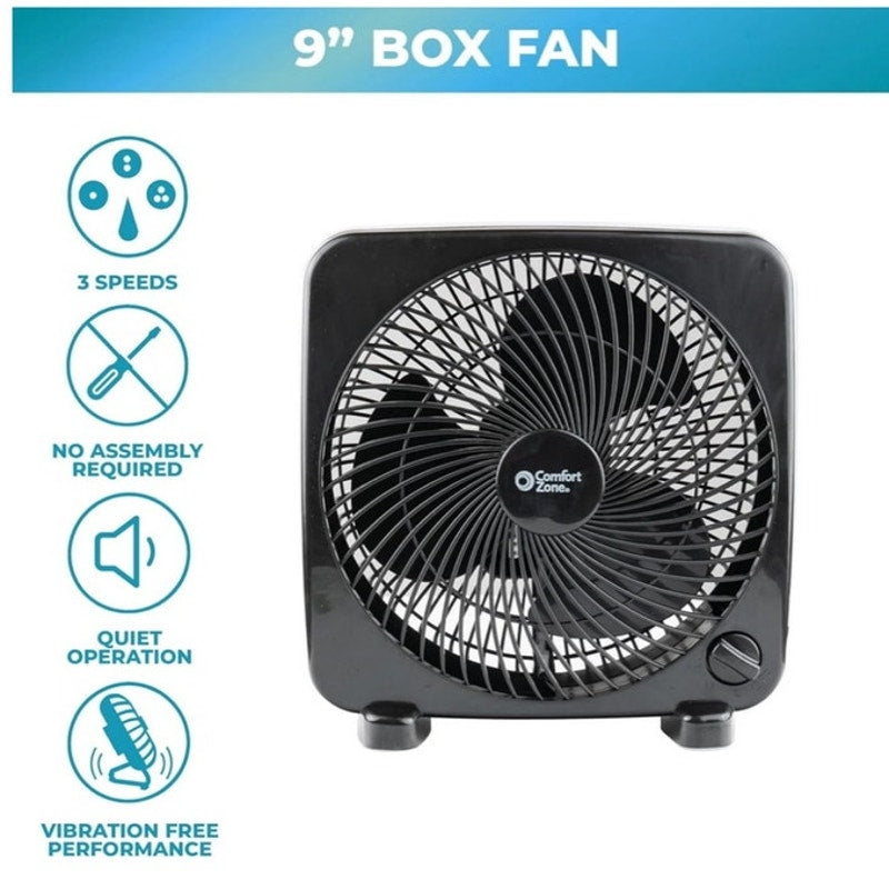 BRAND NEW ~ Comfort Zone 9" Portable Black 3 Speeds Quiet Compact Box Fan