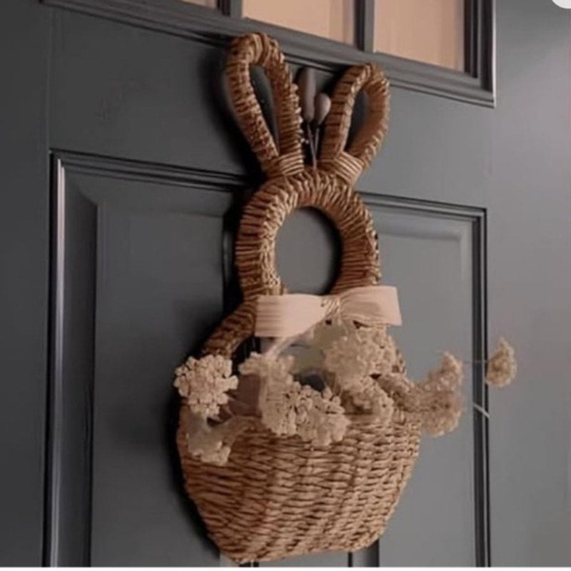 BRAND NEW ~ Hand-woven Wicker Bunny Basket Hanging Wall or Door Wreath Pocket