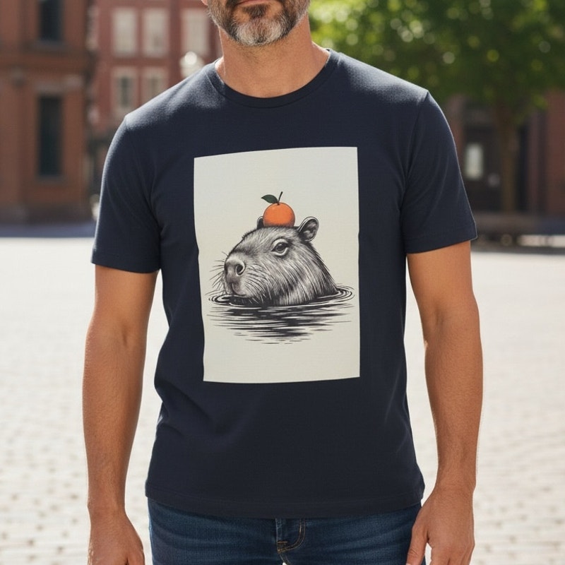 NWT ~ Men's Capybara With An Orange On His Head Black Cotton T-Shirt ~ Size XXL