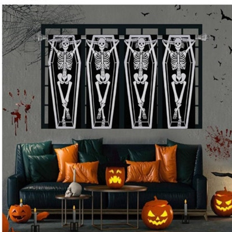 NWT ~ Set/ 4 Panels ~ Spooky Halloween Coffin Skeleton Curtains ~ 13" x 36" ea.