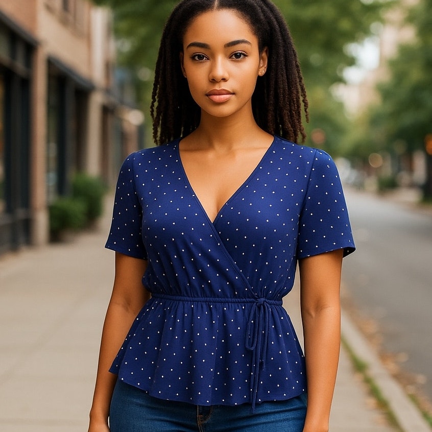 NWT~ FRANCESCA'S MI AMI Navy Blue & White Bell Sleeve Wrap Top ~ Women's XXS