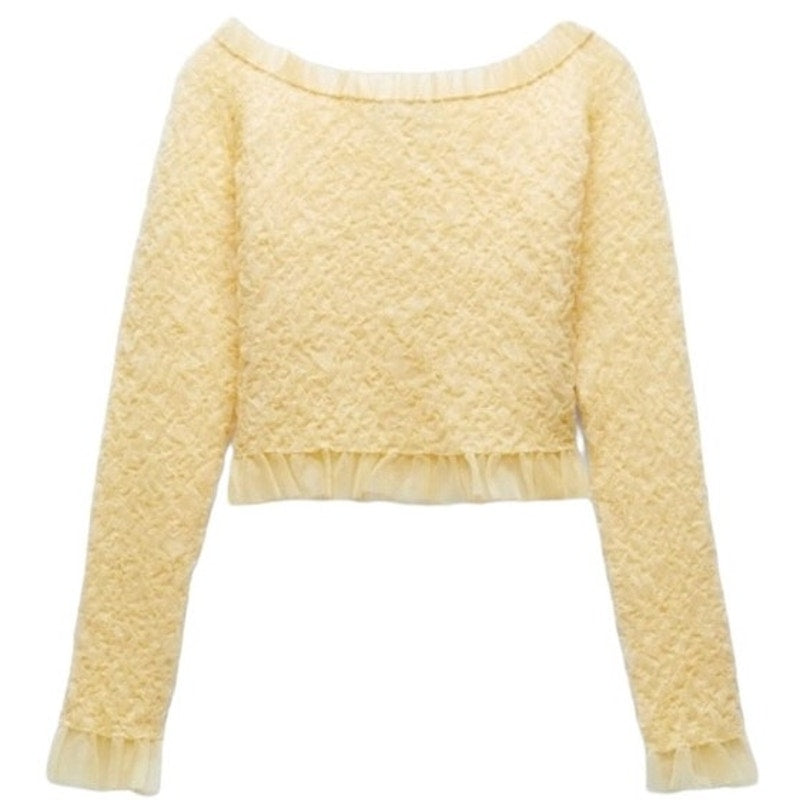 NWT ~ ZARA Beige Lace Tulle Off Shoulders Tight Crop Knit Top ~ Women's SMALL