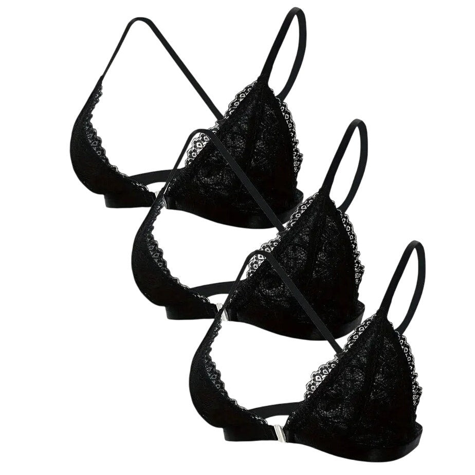 NWT ~ Set/ 3 Black Lace Front Closure Cross Back & Metal Rings Bras ~ MEDIUM