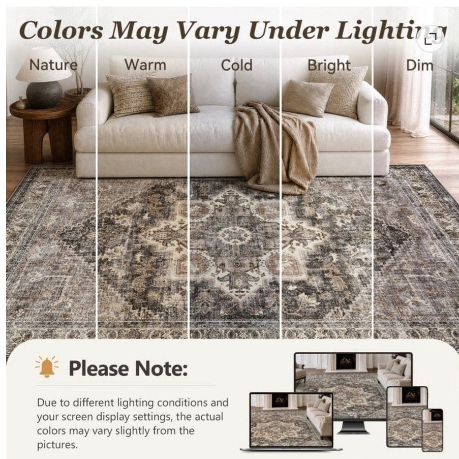 BRAND NEW ~ Brown 8'x10' Area Rug Retro Boho Floral Distressed Indoor Carpet