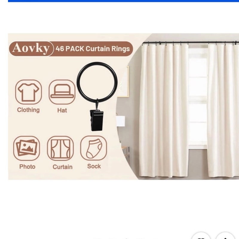 BRAND NEW ~ Set/46 Black Metal Curtain Rings & Clips Drapes Rod 1" Interior Diam
