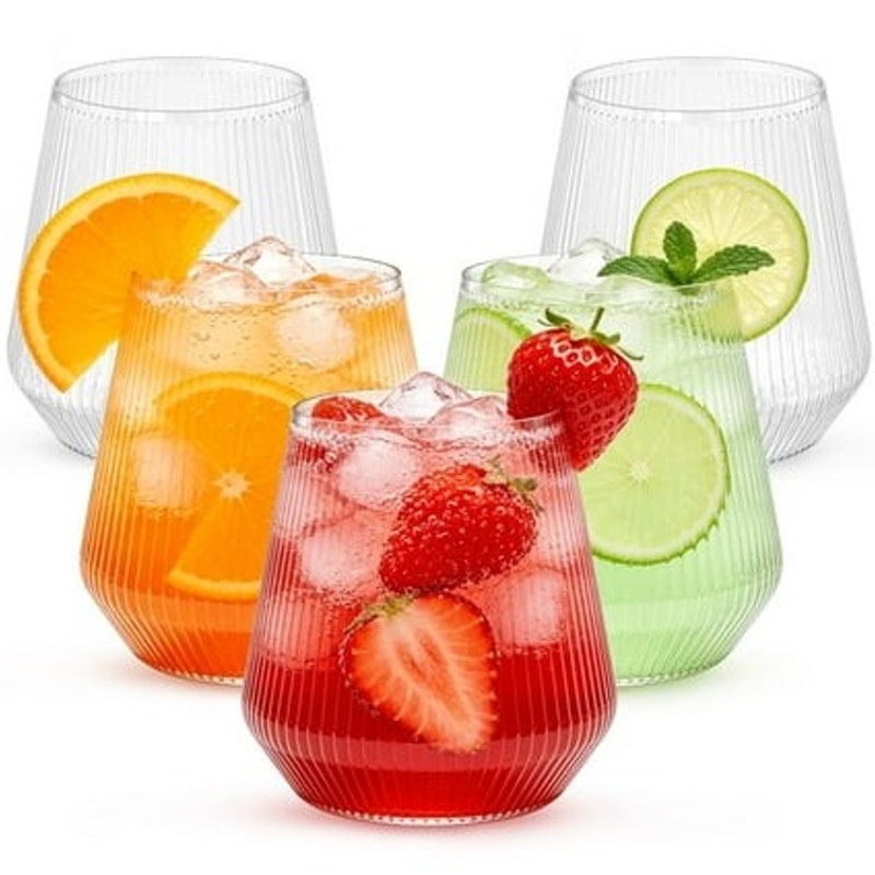 BRAND NEW ~ Set/24 Stemless 12 Oz Clear Ribbed Plastic Reusable Wine Glasses