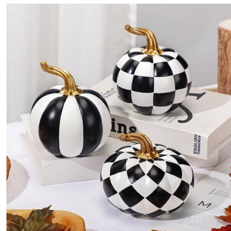 BRAND NEW ~ Set/3 Halloween Black & White Resin Pumpkins Gold Autumn Stems