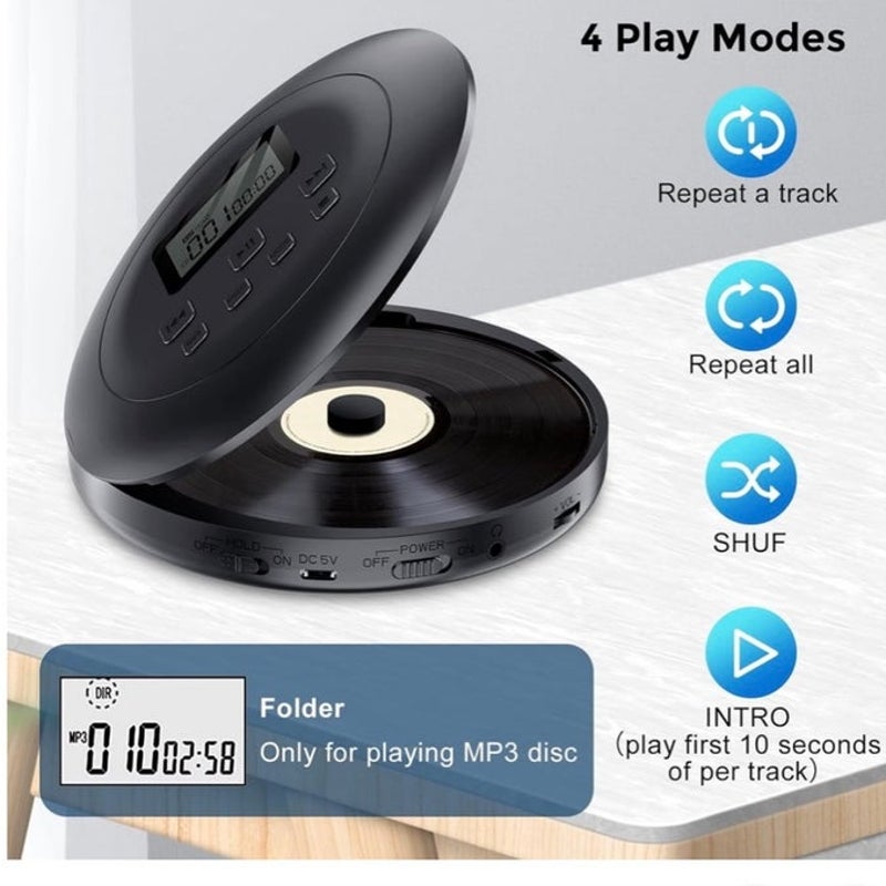 BRAND NEW ~ Black Rechargeable Portable CD Player Dual Stereo Speakers Walkman