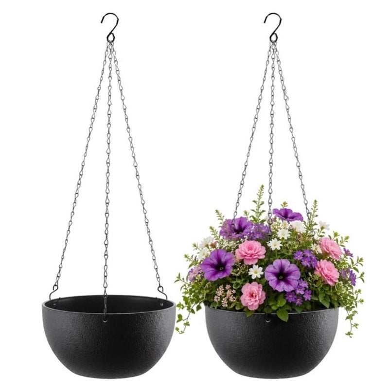 BRAND NEW ~ Set/2 Hanging Black Textured Planters Baskets Pots Chains & S-Hooks
