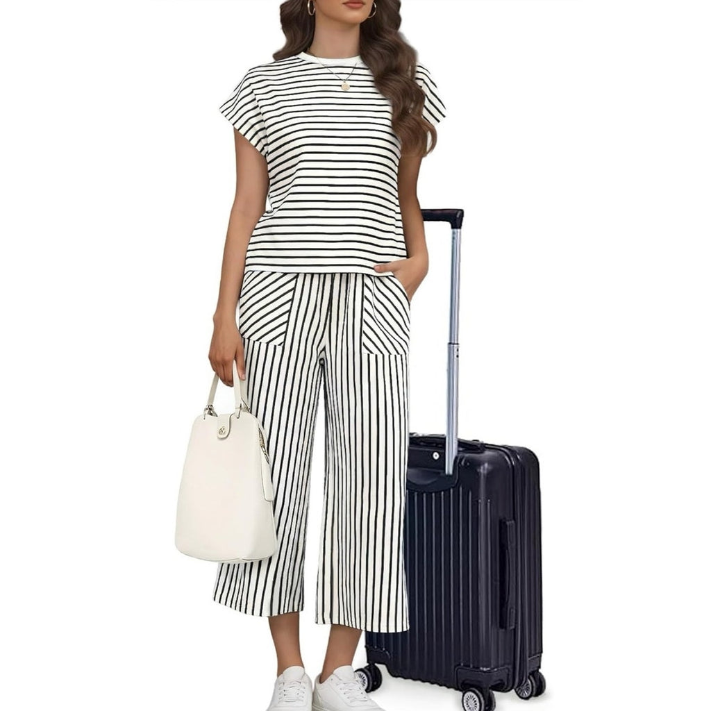 NWT ~ Women's 2pc Black and White Stripe Casual Summer Loungewear Outfit ~ LARGE