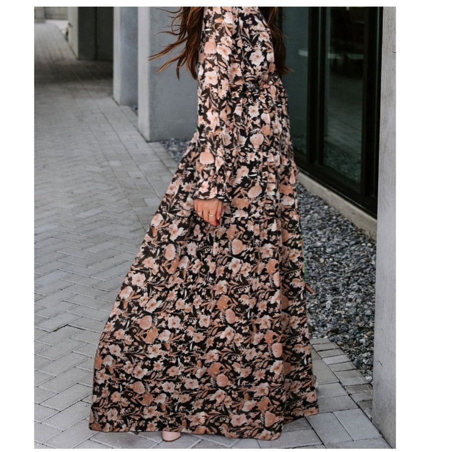 NWT Black Floral Long Sleeve Relaxed Fit Ruffle Layered Maternity Maxi Dress XL