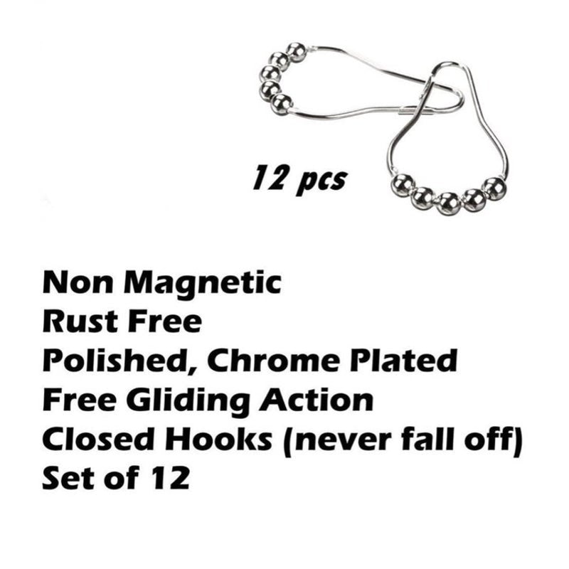 BRAND NEW ~ Set/12 Chrome Heavy Duty Shower Curtain Hooks Roller Rings & Balls