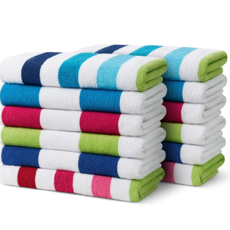BRAND NEW ~ Set/12 Cabana Stripe Thick Cotton Terry Beach Pool Towel 60"x30"