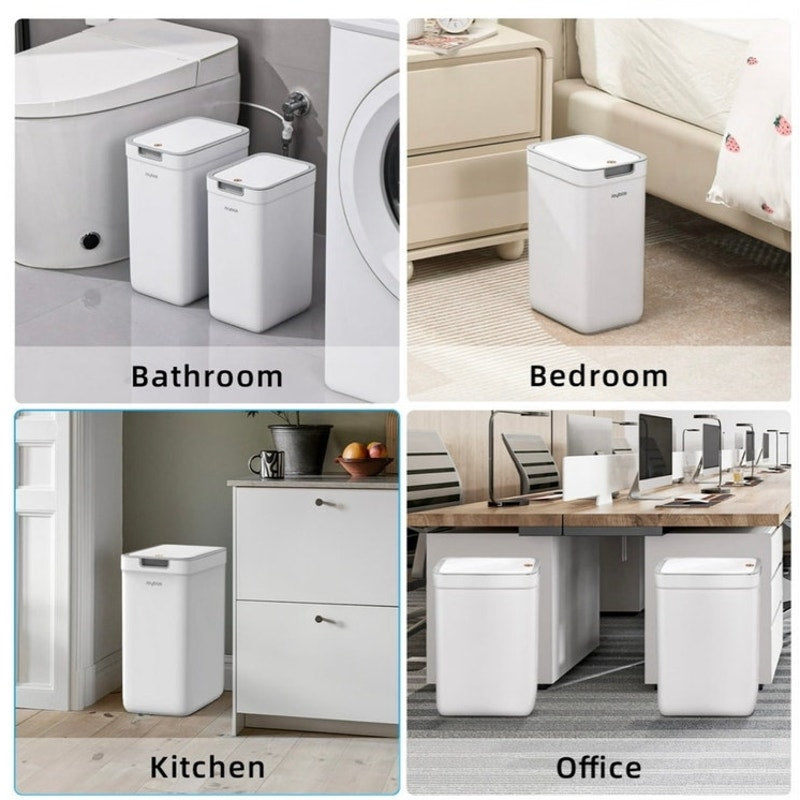 BRAND NEW ~ Set/2 Slim White Plastic Trash Cans with Pop-Up Lids 3.6Gal & 2.4Gal