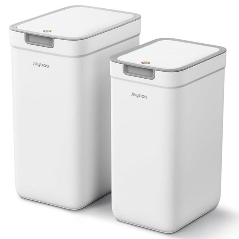BRAND NEW ~ Set/2 Slim White Plastic Trash Cans with Pop-Up Lids 3.6Gal & 2.4Gal