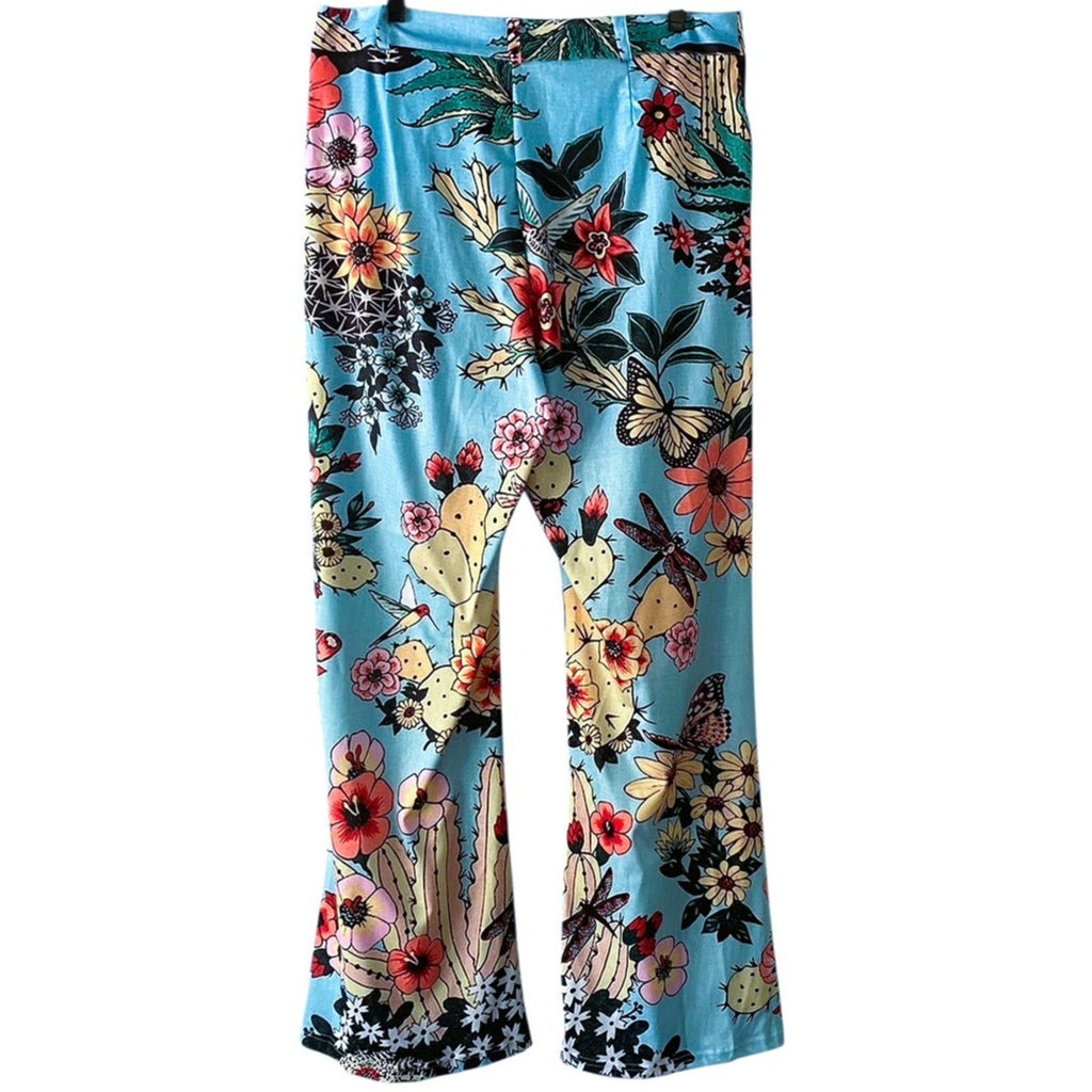 NWT ~ Blue Vintage Look Groovy 70's Polyester Floral Birds Flare Leg Pants ~ L