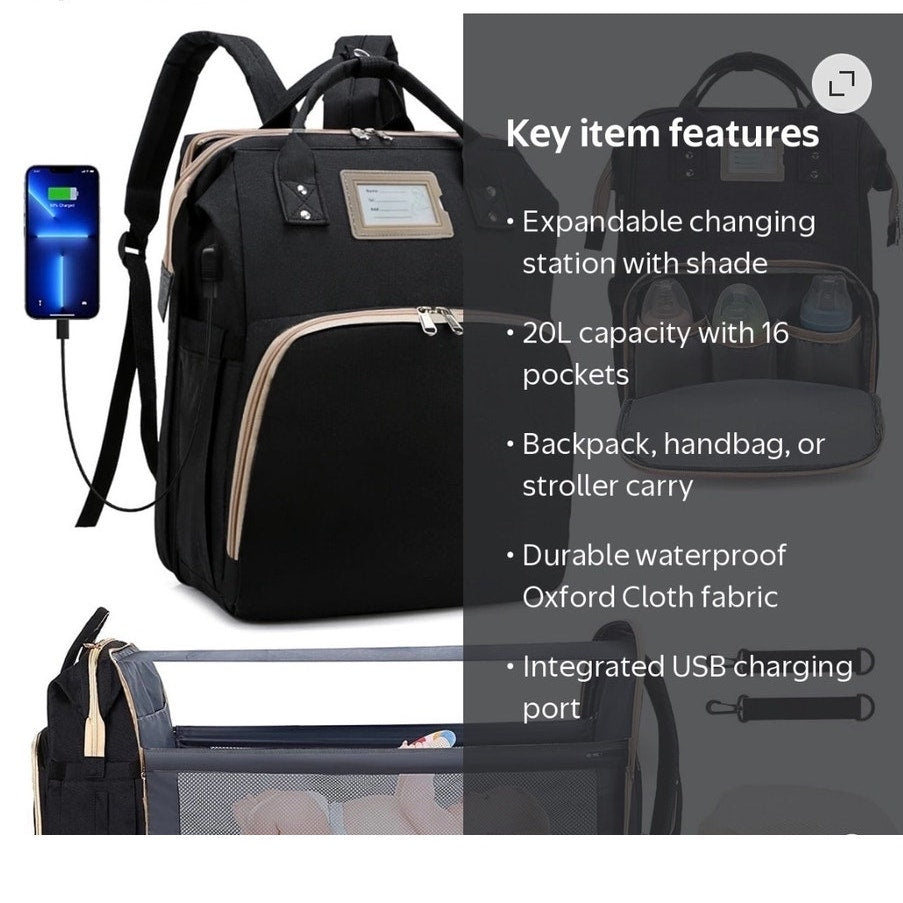 BRAND NEW ~ Black USB Multifunctional Large Capacity Travel Diaper Bag Backpack