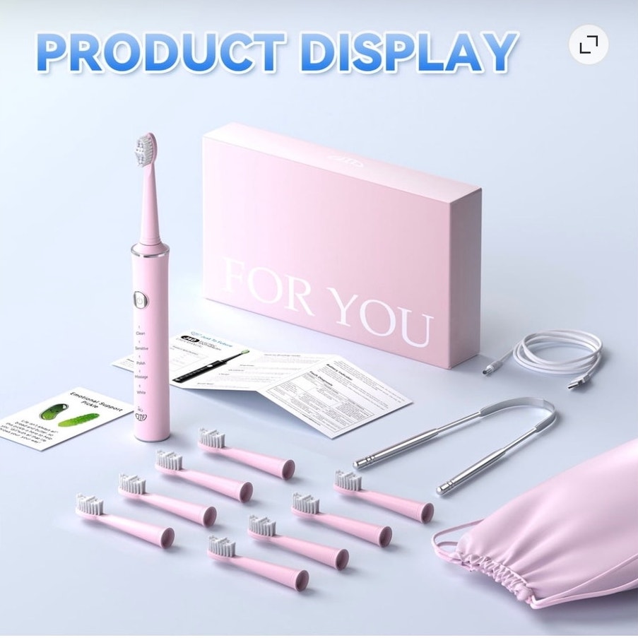 BRAND NEW ~ Pink Sonic Electric Toothbrush 8 Brush Heads Tongue Scraper & Bag
