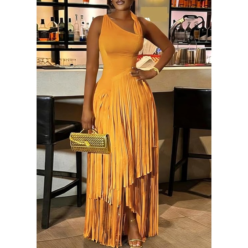 NWT ~ Women's Long Sleeveless Light Orange Fringe Maxi Party Dress ~ Size XL