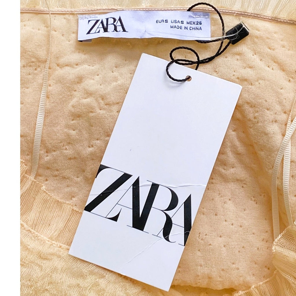 NWT ~ ZARA Beige Lace Tulle Off Shoulders Tight Crop Knit Top ~ Women's SMALL