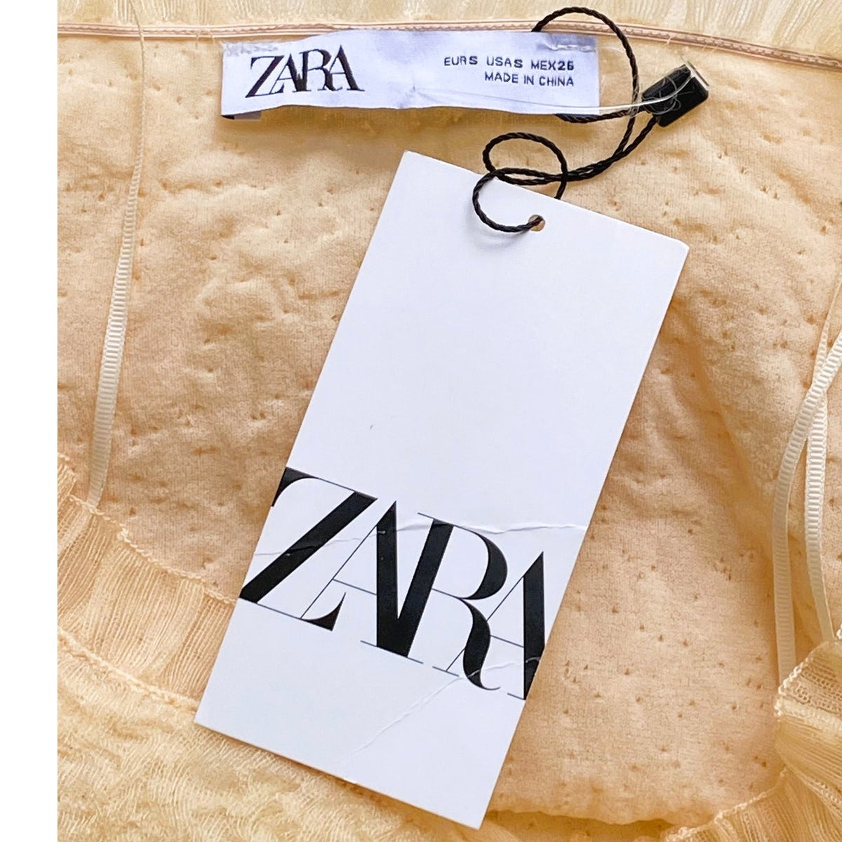 NWT ~ ZARA Beige Lace Tulle Off Shoulders Tight Crop Knit Top ~ Women's SMALL