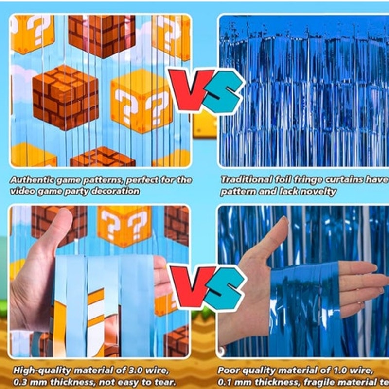 BRAND NEW ~ Set/16 Super Mario Bros. Foil Fringe Game Theme Party Curtain Backdrop