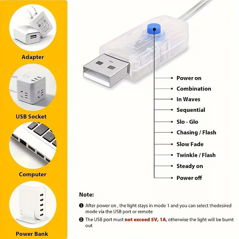 BRAND NEW ~ 16.4FT ~ 50LED White Lights USB ~ 8 Lighting Modes & Remote Control