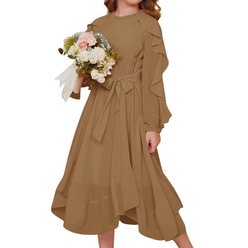 NWT ~ GRACE KARIN Girls Long Sleeve Tan Ruffle Swing Formal Dress ~ Size 6 years
