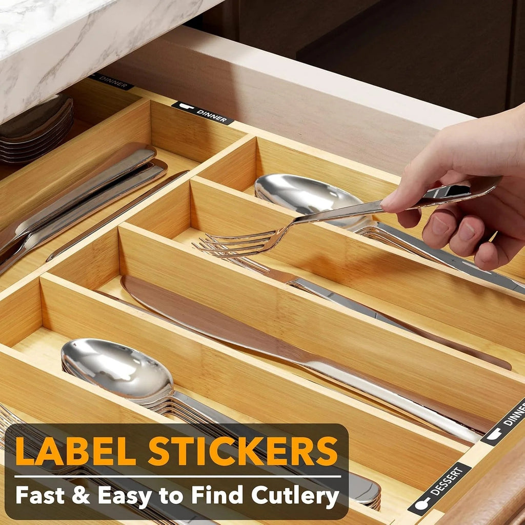BRAND NEW ~ Expandable 10 Slots Bamboo Silverware Drawer Organizer & Labels