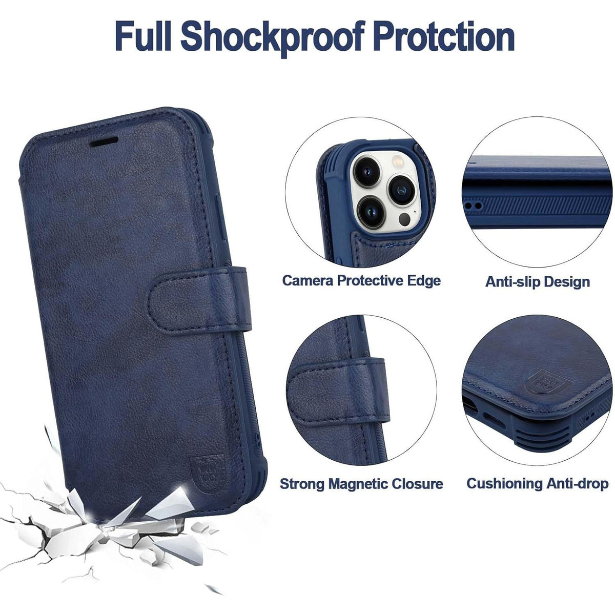 NWT ~ Dark Blue iPhone 13 Pro Wallet & Wrist Strap Card Holder Cellphone Case