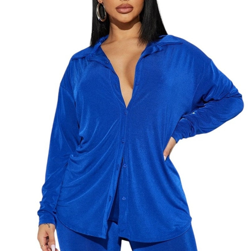 NWT ~ FASHION NOVA Royal Blue Don't Stop Slinky Button Front Top ~ Women's MED.