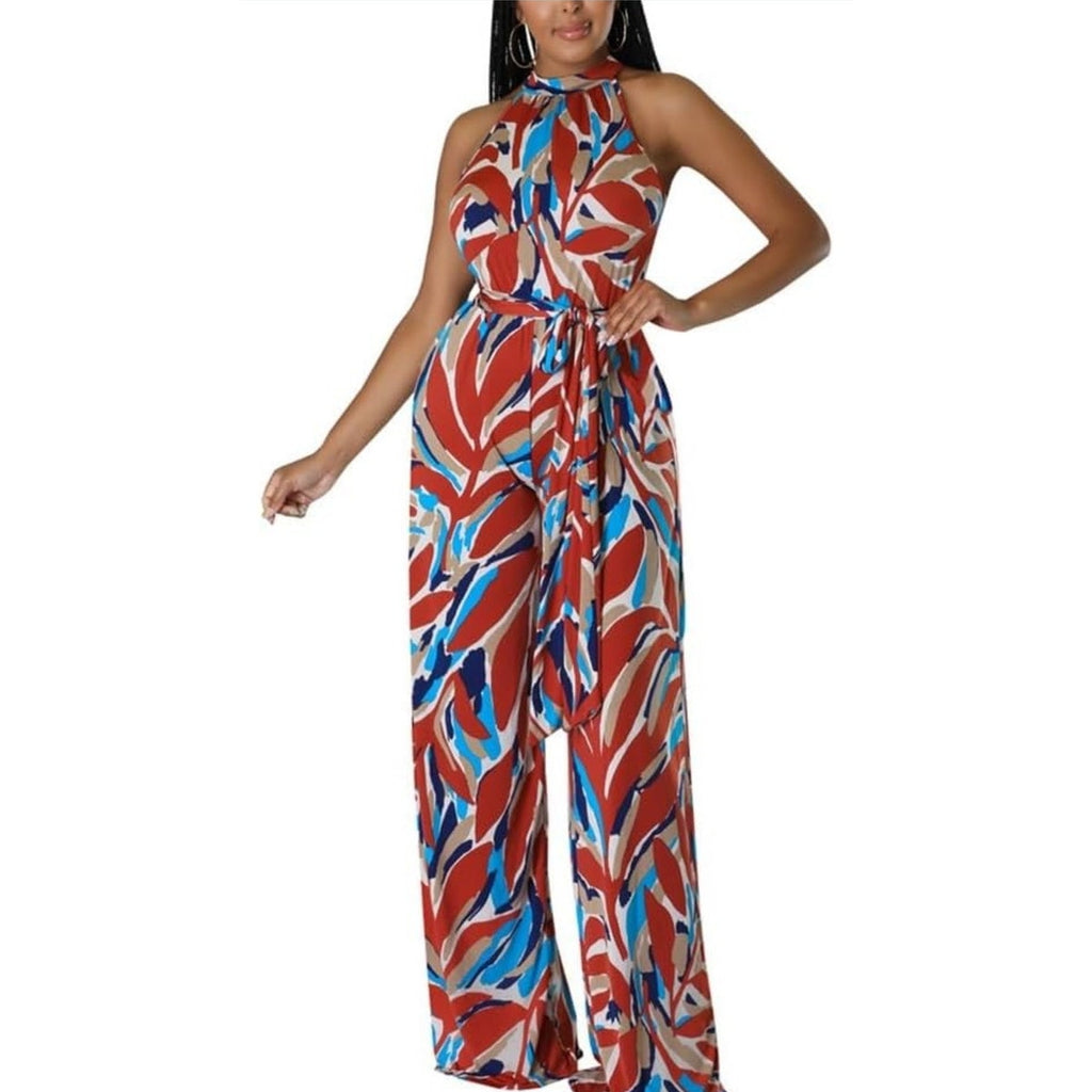 NWT ~ Women's Plus Size Red Abstract Tropical Sleeveless Wide Leg Jumpsuit ~ 2X