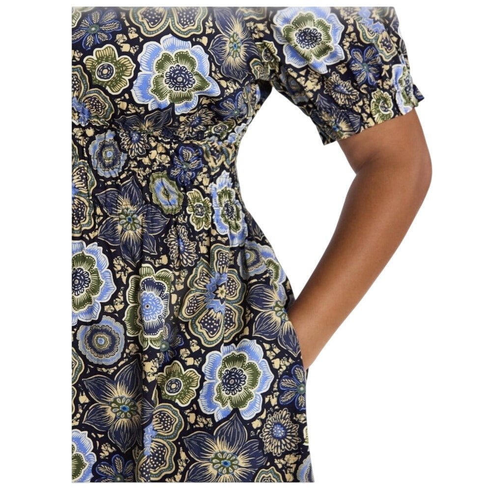 NWT ~ Plus Size Blue Floral Smocked Cotton Midi Dress & Short Puff Sleeves ~ 4X