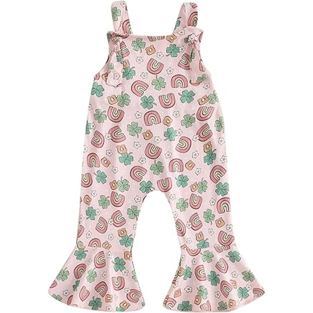 NWT ~ Pink Rainbows & Shamrocks Girls Bellbottom Flare Overalls Pants ~ 12-18M