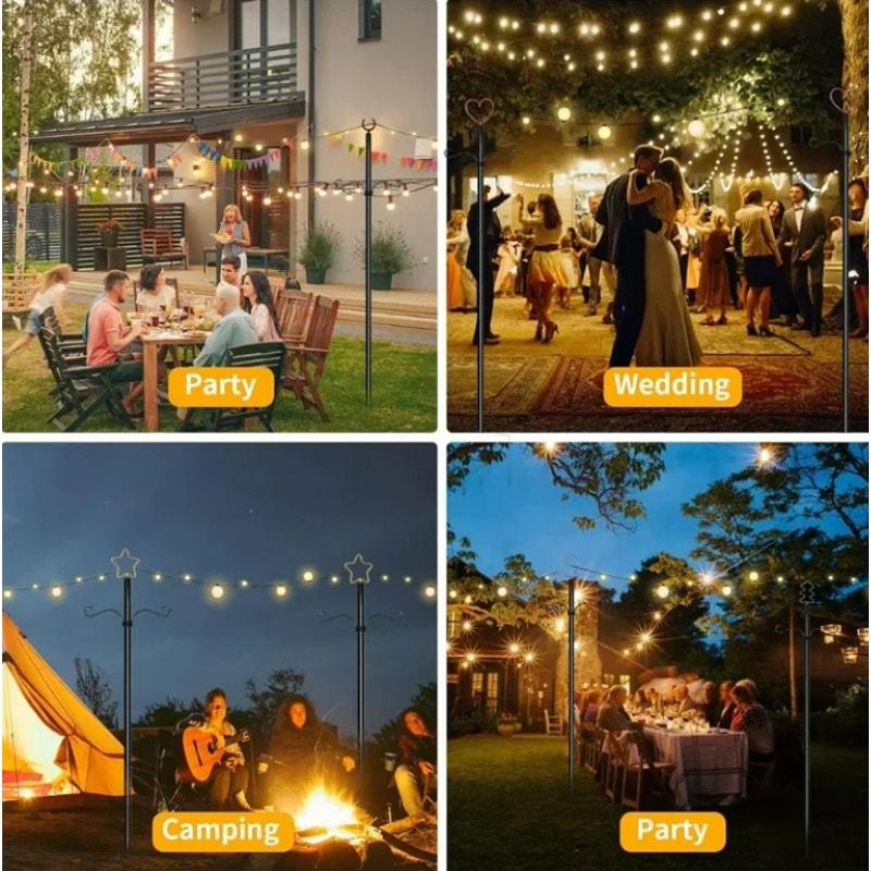 BRAND NEW ~ Set/2 ~ 11ft Outdoor Metal String Light Poles Patio Lighting & Hooks