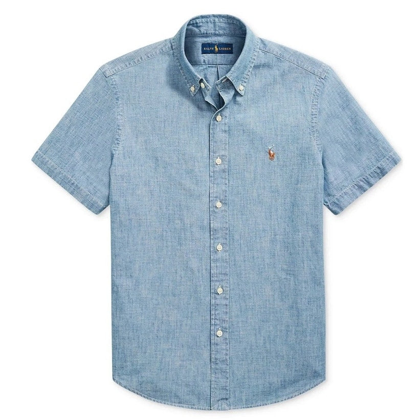 Men's RALPH LAUREN Blue Chambray Button Down Short Sleeve Shirt ~ Size LARGE