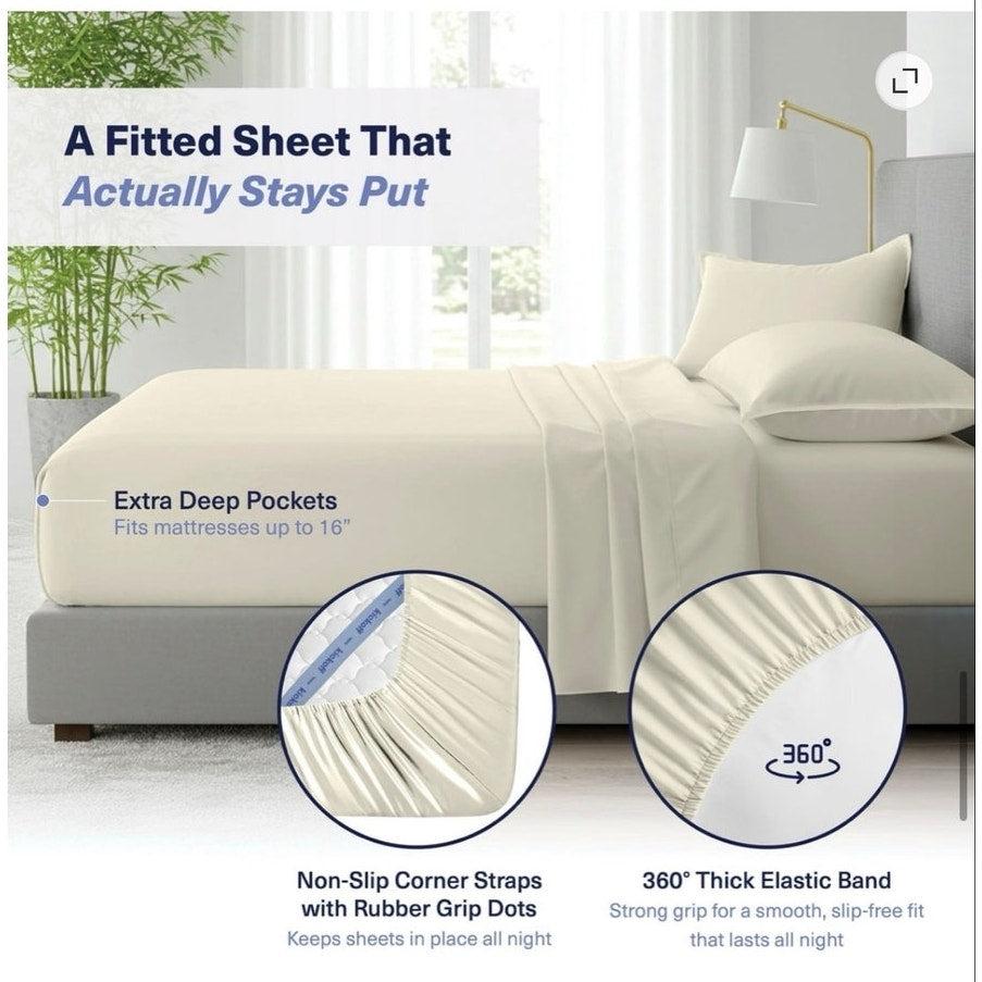 BRAND NEW ~ Buttercream QUEEN 4pc Organic Bamboo Viscose Cooling Bed Sheets Set