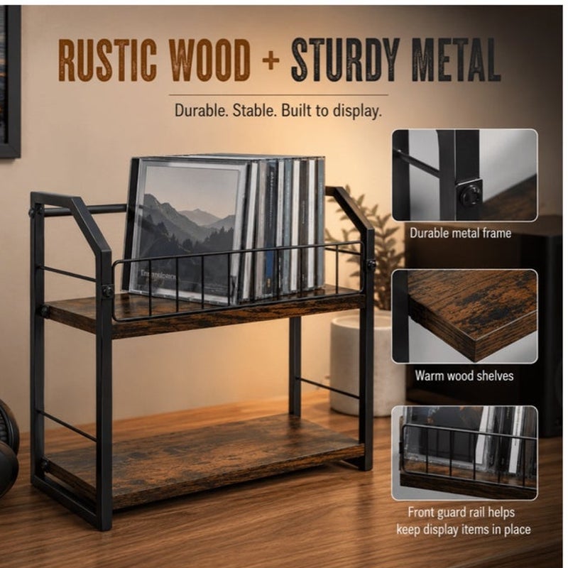 BRAND NEW ~ 2-Tier Wood & Metal CD Storage Shelf Desktop Media Display Rack