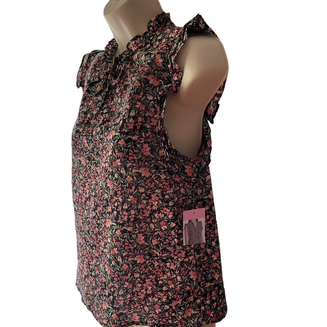 NWT ~ STEVE MADDEN Black Ruffle Calico Sleeveless Blouse Ditsy Top ~ SMALL