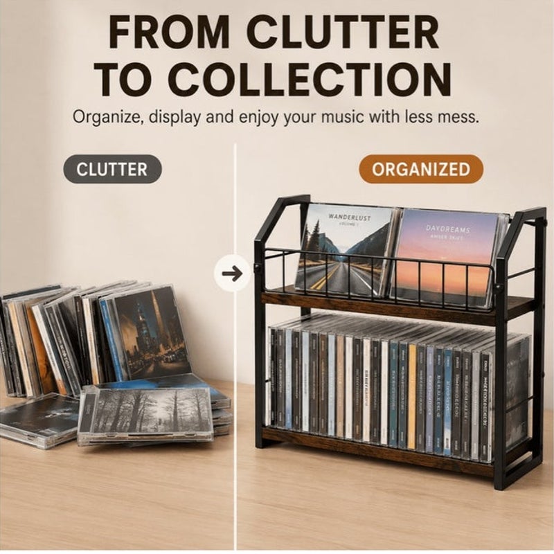 BRAND NEW ~ 2-Tier Wood & Metal CD Storage Shelf Desktop Media Display Rack