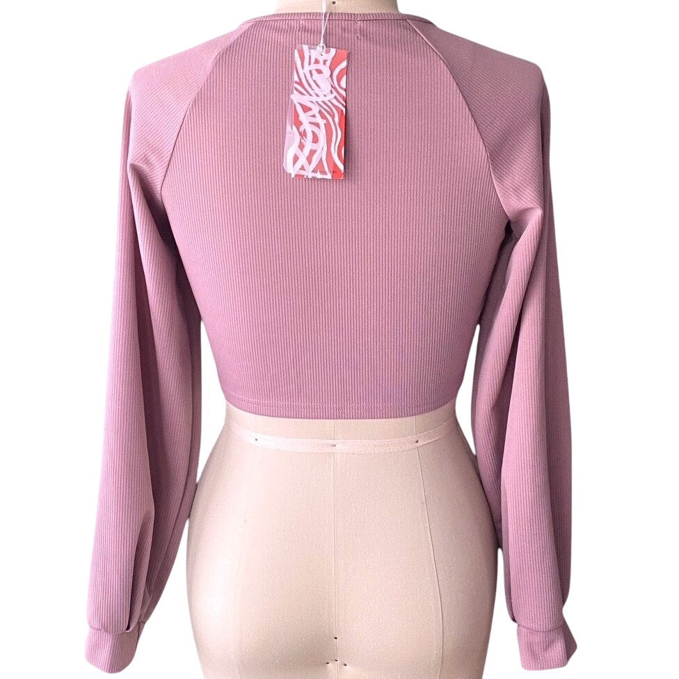 NWT ~ ROMWE Pink Ribbed Front Tie Cropped Long Sleeve Top ~ Women's Size LARGE