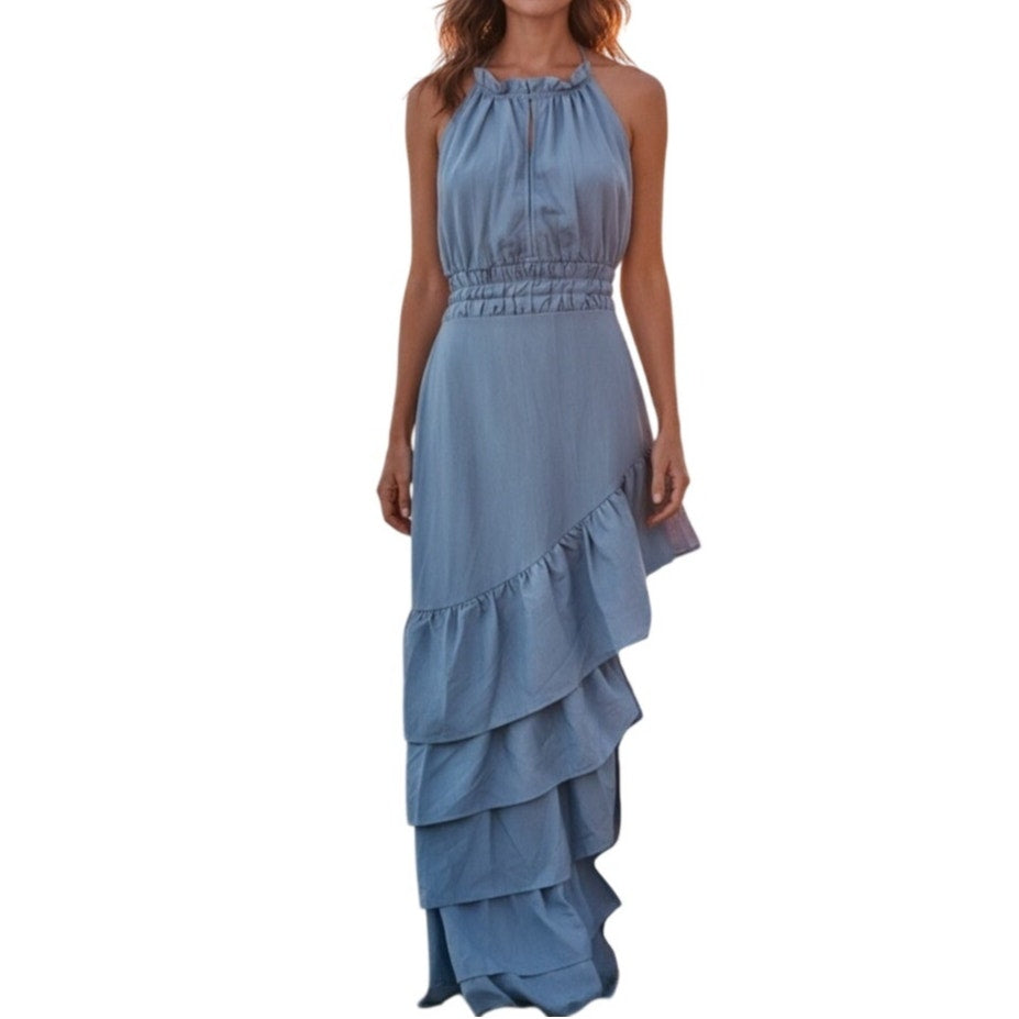 NWT ~ Women's Sexy Blue Ruffled Backless Halter Maxi Beach Dress ~ Size XL