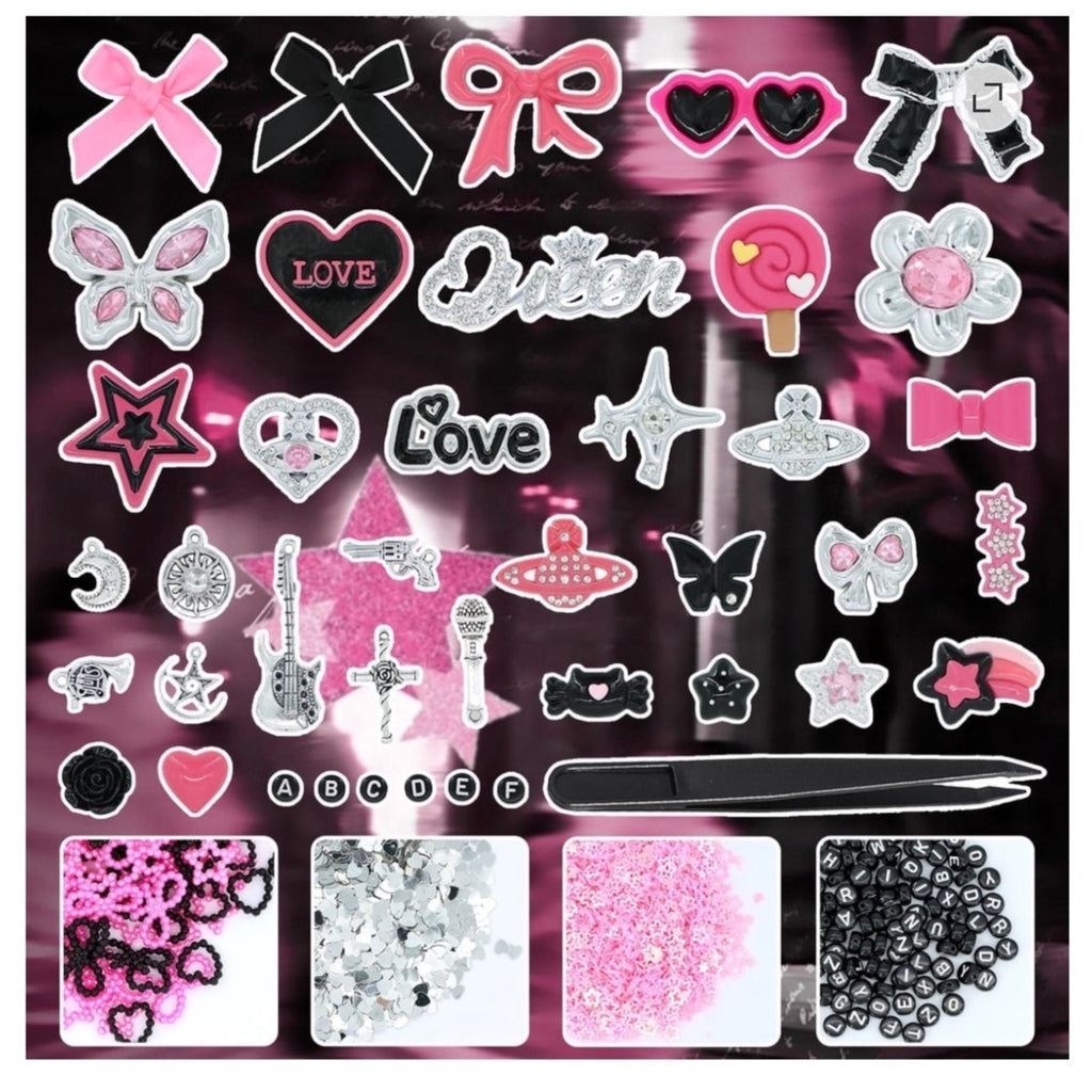 BRAND NEW ~ Pink Black Silver Nails & Phone Case Charms DIY Personalization Kit