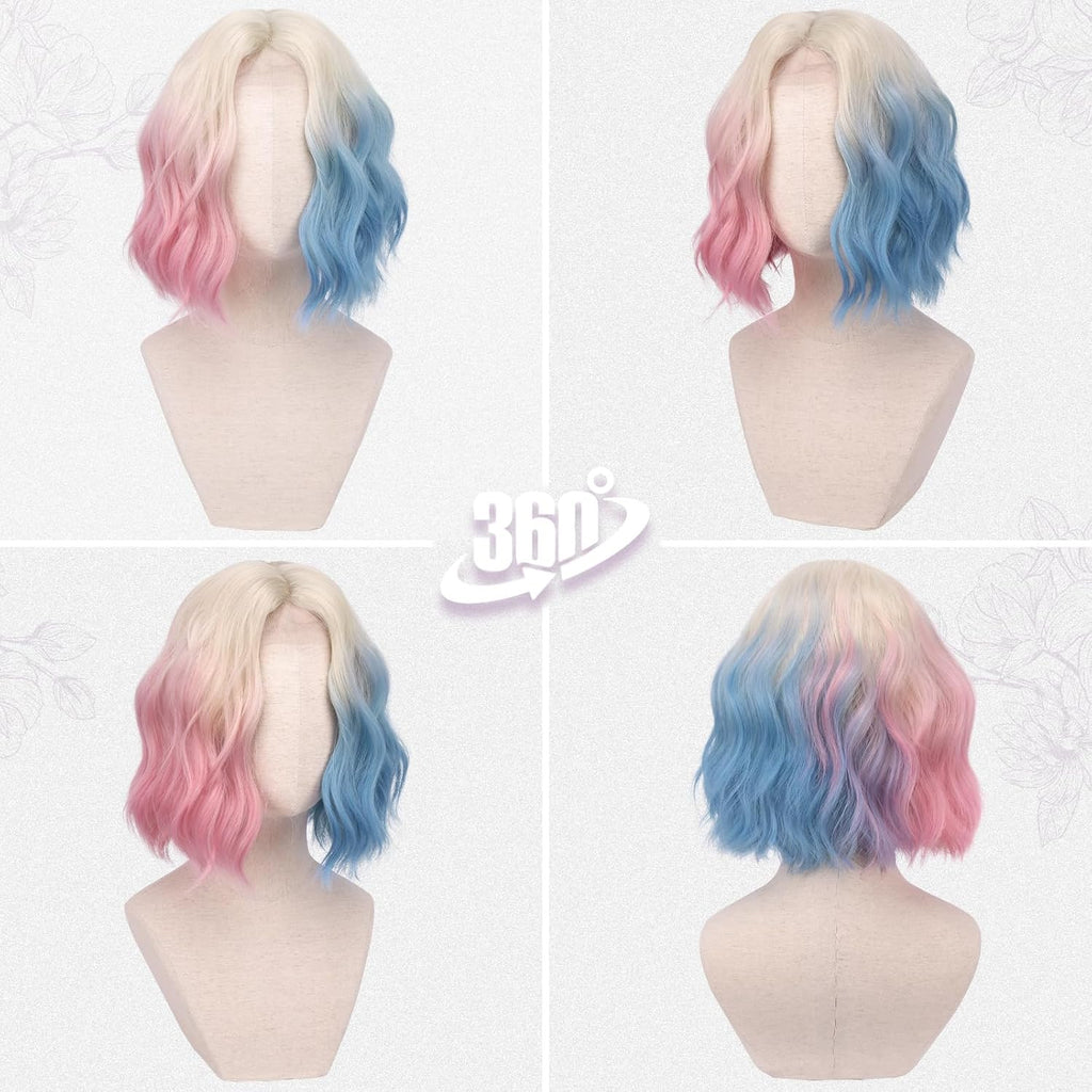 BRAND NEW ~ 14 Inch Blonde Ombre Pink Blue Short Wavy Wig ~ Cosplay Halloween