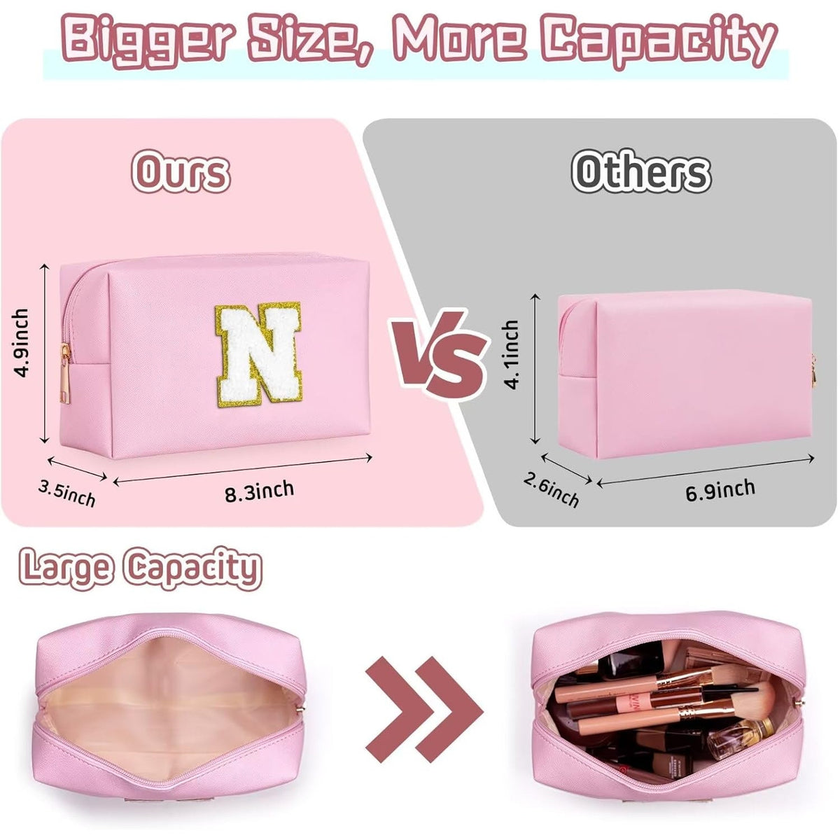NWT ~ Pink Monogram "A" Large Capacity Cosmetic Travel Bag ~ Zipper Top